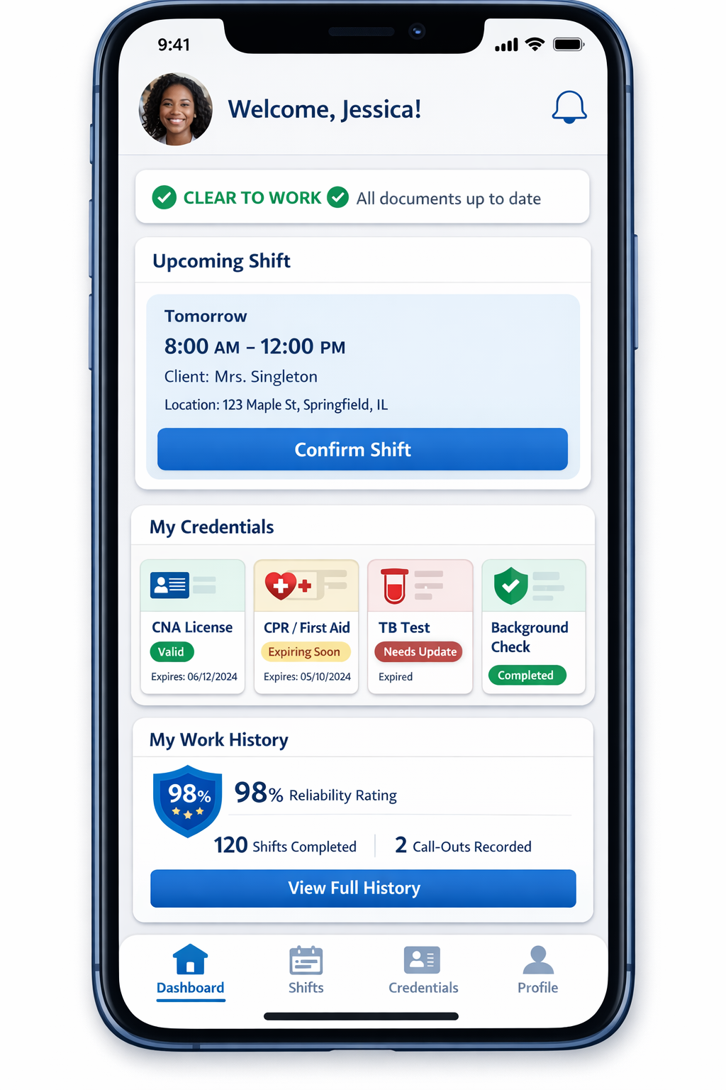 Stewardly Caregiver Dashboard showing credentials, shift details, and compliance status